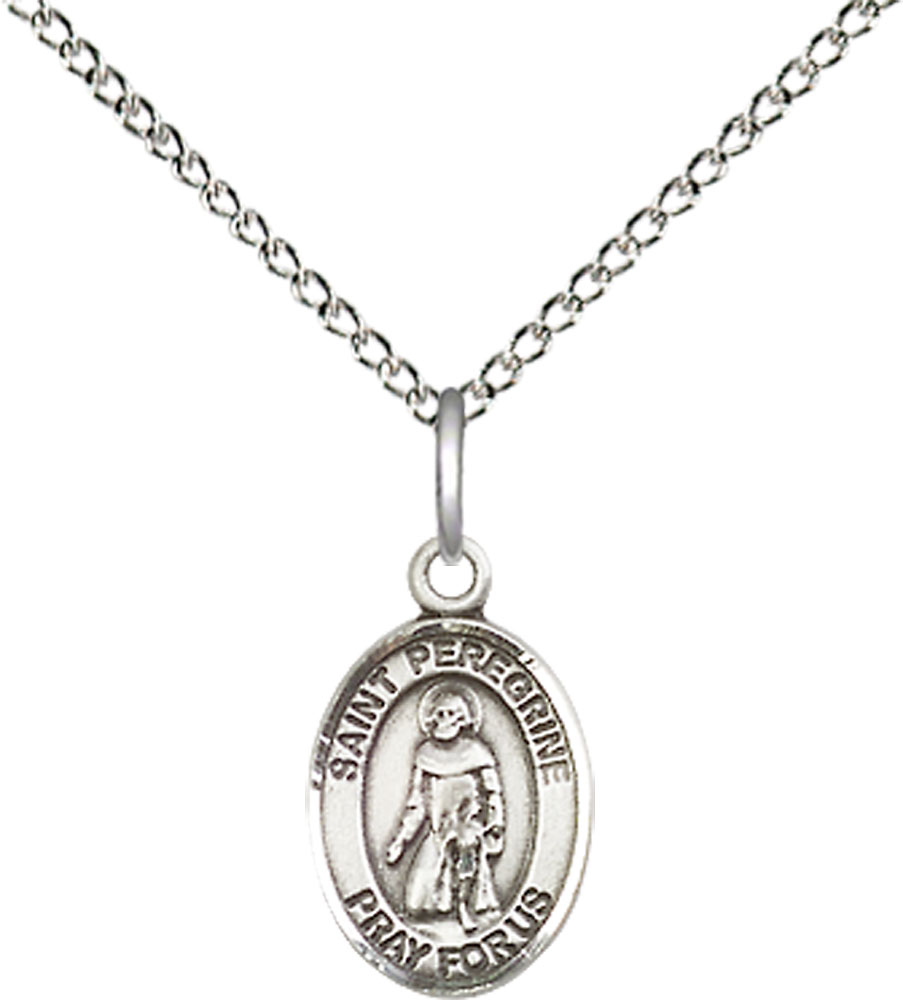 Sterling Silver Saint Peregrine Laziosi Pendant on a 18 inch Sterling Silver Light Curb chain