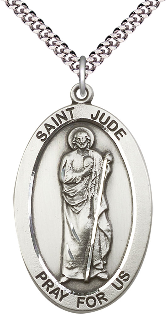 Sterling Silver Saint Jude Pendant on a 24 inch Light Rhodium Heavy Curb chain