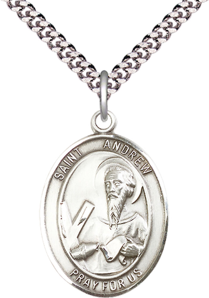 Sterling Silver Saint Andrew the Apostle Pendant on a 24 inch Light Rhodium Heavy Curb chain