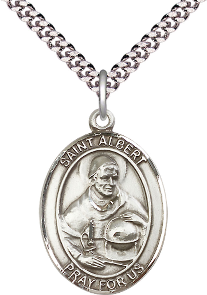 Sterling Silver Saint Albert the Great Pendant on a 24 inch Light Rhodium Heavy Curb chain