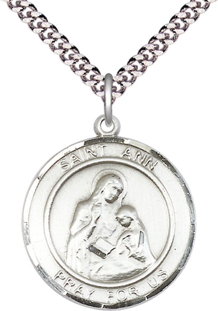 Sterling Silver Saint Ann Pendant on a 24 inch Light Rhodium Heavy Curb chain
