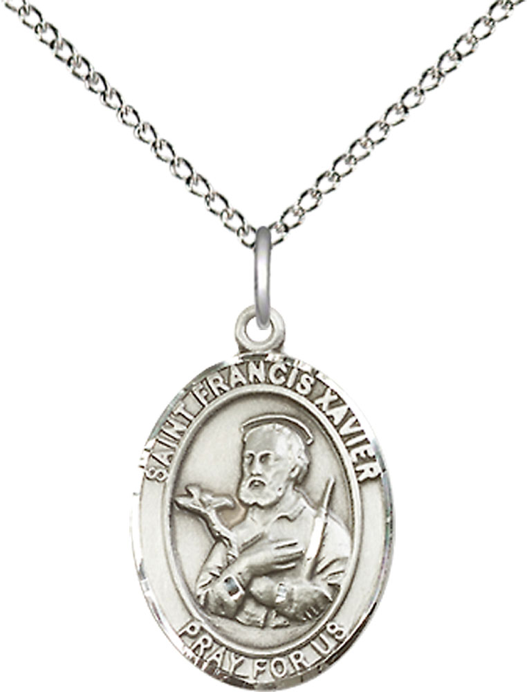Sterling Silver Saint Francis Xavier Pendant on a 18 inch Sterling Silver Light Curb chain