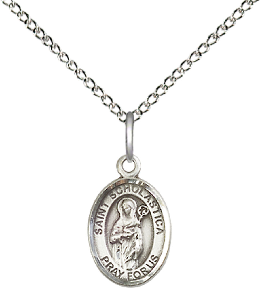 Sterling Silver Saint Scholastica Pendant on a 18 inch Sterling Silver Light Curb chain