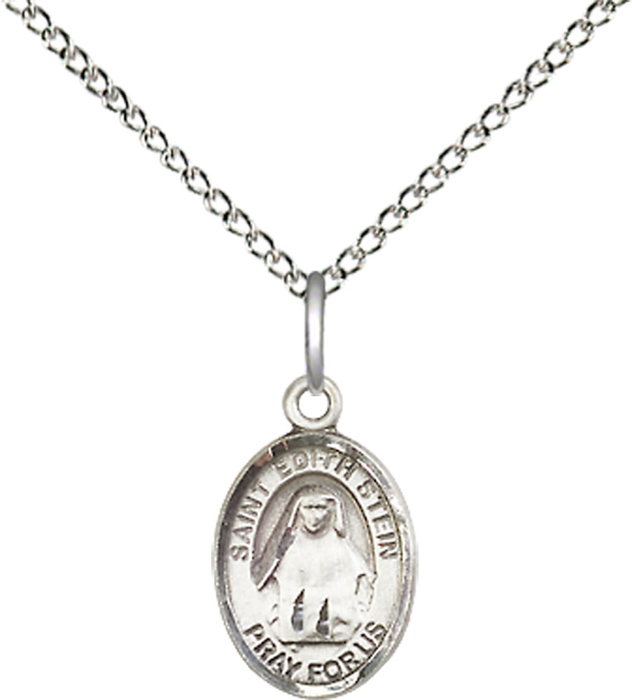 Sterling Silver Saint Edith Stein Pendant on a 18 inch Sterling Silver Light Curb chain