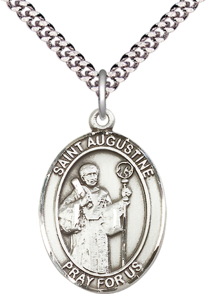 Sterling Silver Saint Augustine Pendant on a 24 inch Light Rhodium Heavy Curb chain