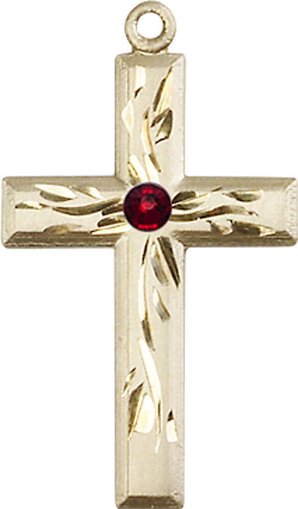 14kt Gold Cross Medal with a 3mm Garnet Swarovski stone