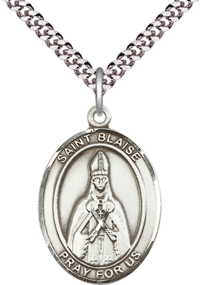 Sterling Silver Saint Blaise Pendant on a 24 inch Light Rhodium Heavy Curb chain