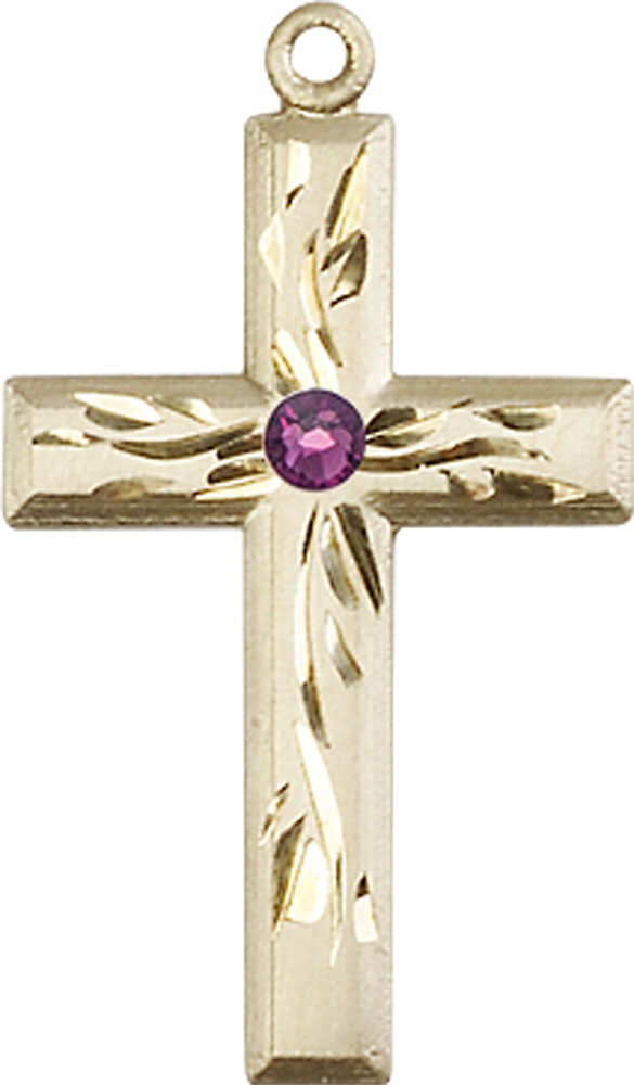 14kt Gold Cross Medal with a 3mm Amethyst Swarovski stone