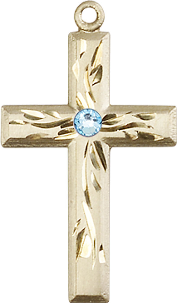 14kt Gold Cross Medal with a 3mm Aqua Swarovski stone