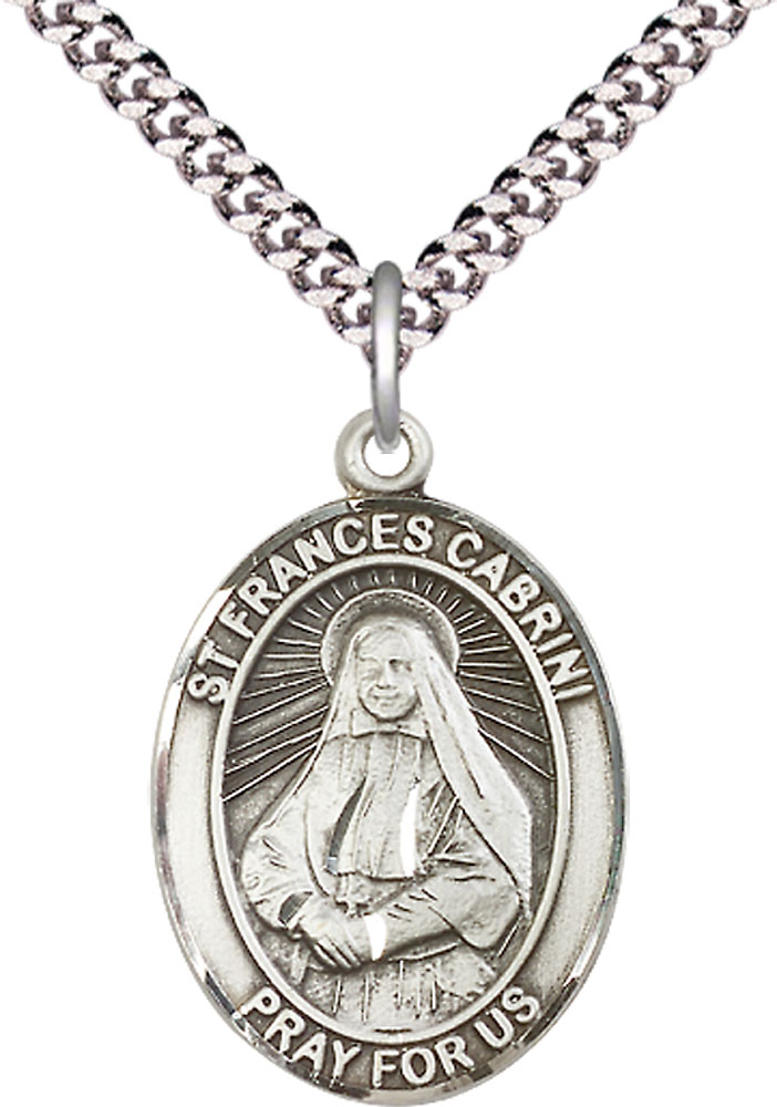 Sterling Silver Saint Frances Cabrini Pendant on a 24 inch Light Rhodium Heavy Curb chain