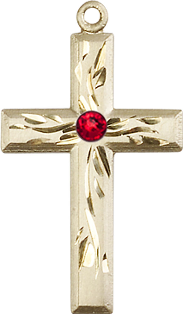 14kt Gold Cross Medal with a 3mm Ruby Swarovski stone