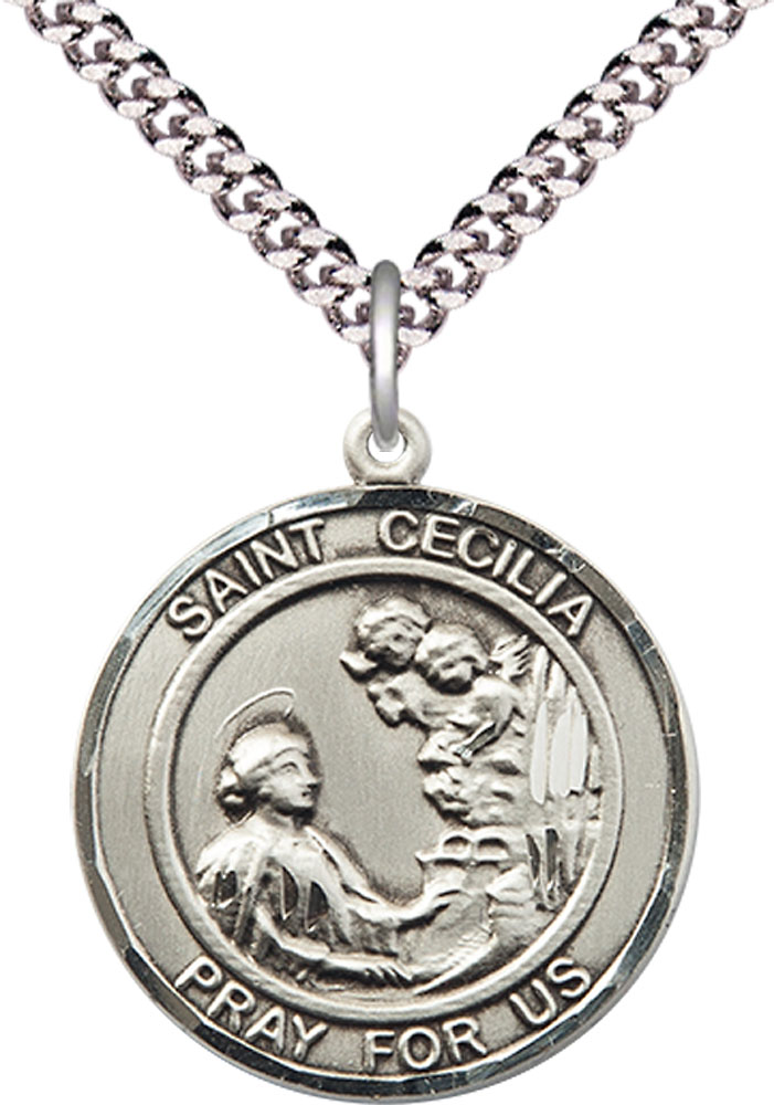 Sterling Silver Saint Cecilia Pendant on a 24 inch Light Rhodium Heavy Curb chain