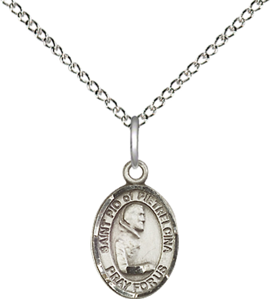 Sterling Silver Saint Pio of Pietrelcina Pendant on a 18 inch Sterling Silver Light Curb chain