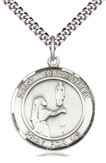 Sterling Silver Saint Bernadette Pendant on a 24 inch Light Rhodium Heavy Curb chain