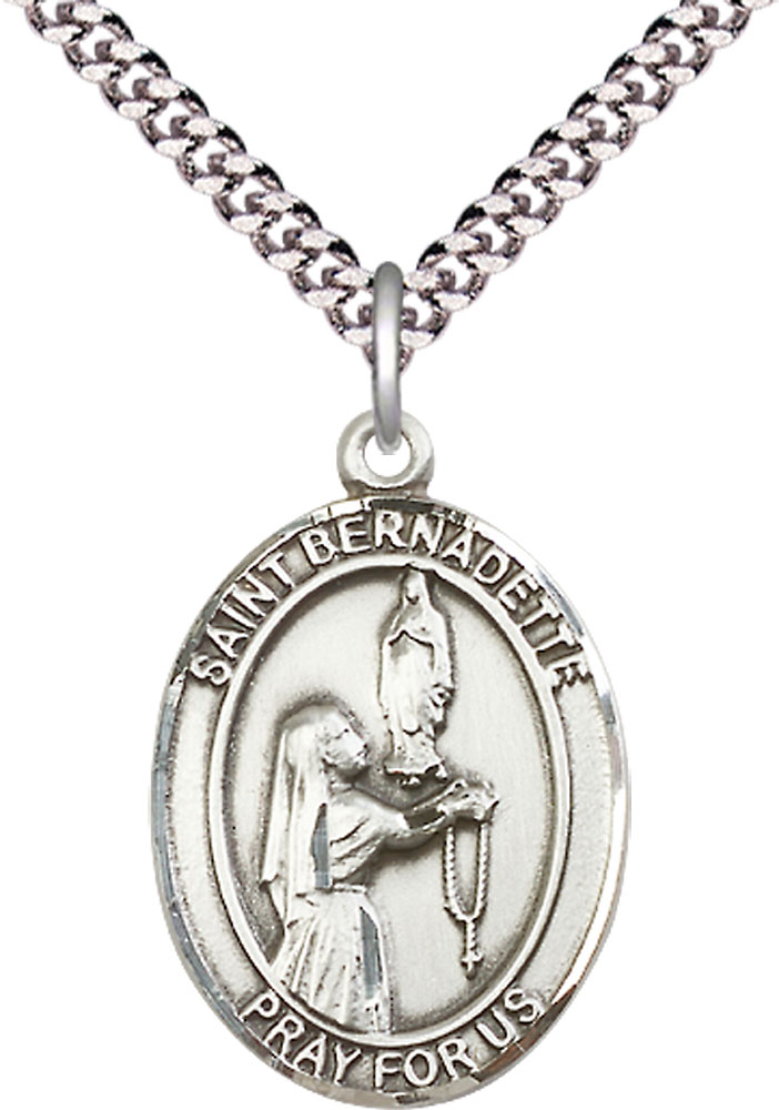 Sterling Silver Saint Bernadette Pendant on a 24 inch Light Rhodium Heavy Curb chain
