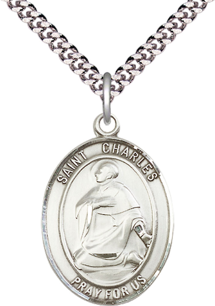 Sterling Silver Saint Charles Borromeo Pendant on a 24 inch Light Rhodium Heavy Curb chain