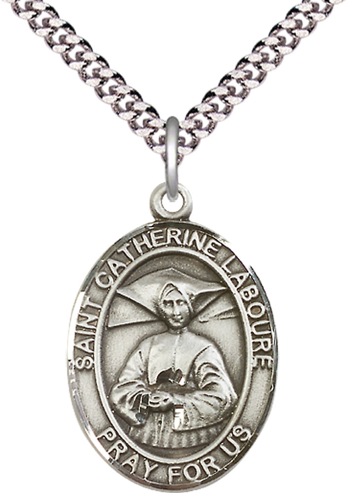 Sterling Silver Saint Catherine Laboure Pendant on a 24 inch Light Rhodium Heavy Curb chain