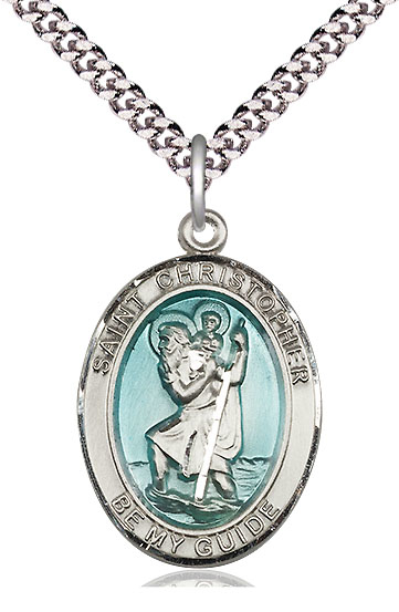 Sterling Silver Saint Christopher w/Epoxy Pendant on a 24 inch Light Rhodium Heavy Curb chain