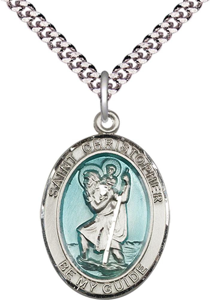 Sterling Silver Saint Christopher w/Epoxy Pendant on a 24 inch Light Rhodium Heavy Curb chain