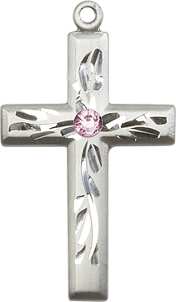 Sterling Silver Cross Medal with a 3mm Light Amethyst Swarovski stone