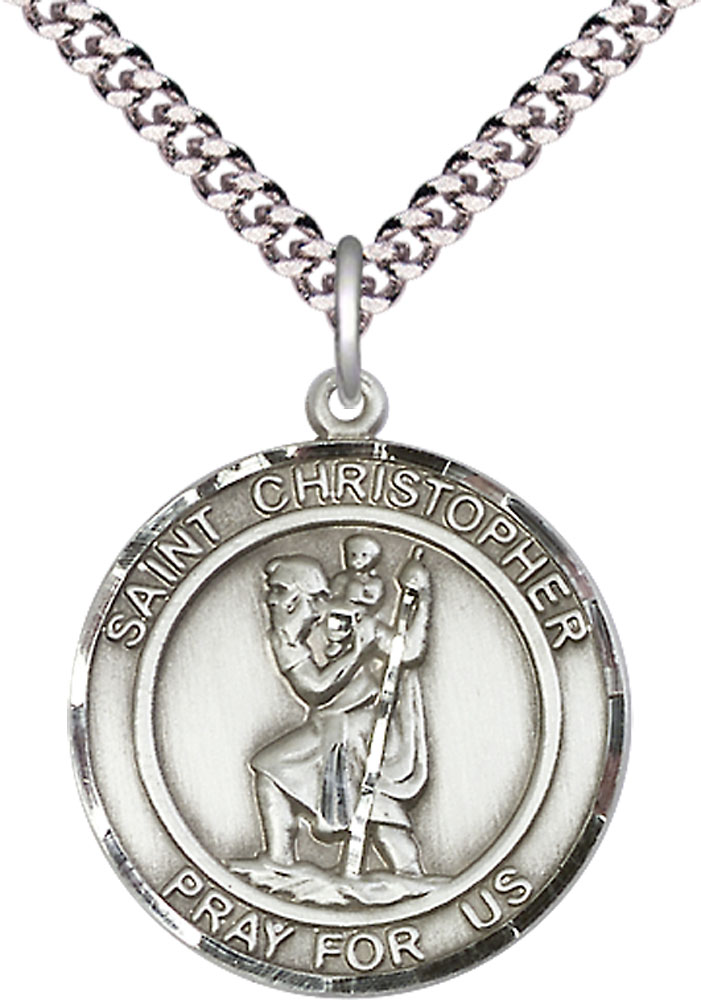 Sterling Silver Saint Christopher Pendant on a 24 inch Light Rhodium Heavy Curb chain