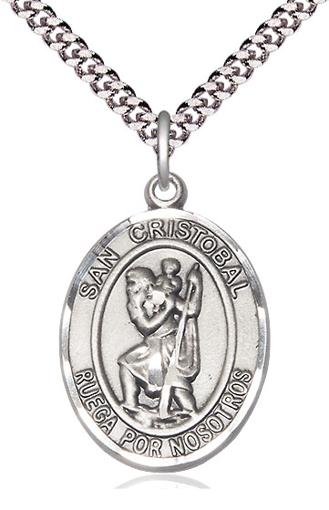 Sterling Silver San Cristobal Pendant on a 24 inch Light Rhodium Heavy Curb chain