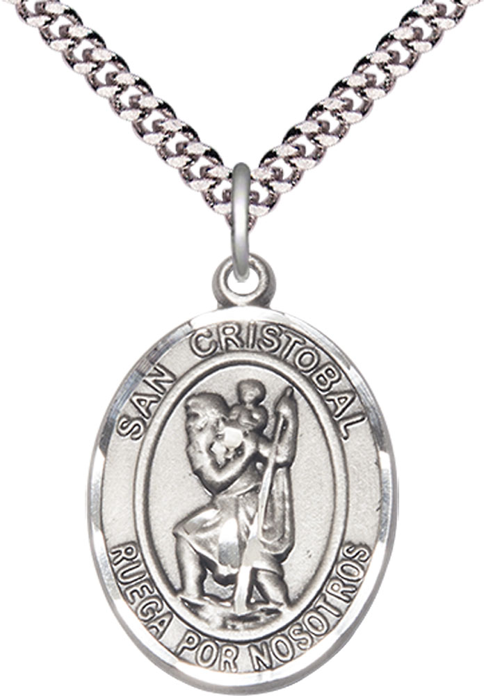 Sterling Silver San Cristobal Pendant on a 24 inch Light Rhodium Heavy Curb chain
