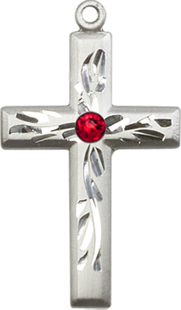Sterling Silver Cross Medal with a 3mm Ruby Swarovski stone
