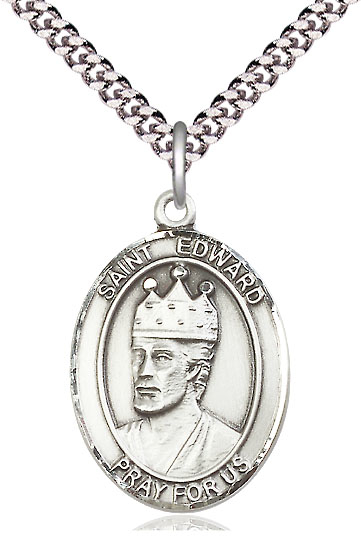 Sterling Silver Saint Edward the Confessor Pendant on a 24 inch Light Rhodium Heavy Curb chain