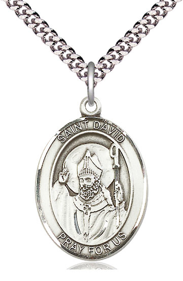 Sterling Silver Saint David of Wales Pendant on a 24 inch Light Rhodium Heavy Curb chain