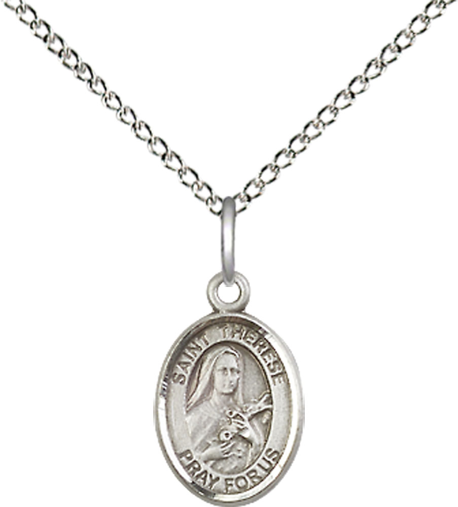 Sterling Silver Saint Therese of Lisieux Pendant on a 18 inch Sterling Silver Light Curb chain