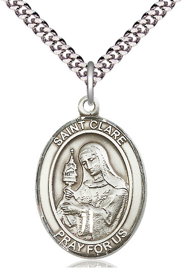 Sterling Silver Saint Clare of Assisi Pendant on a 24 inch Light Rhodium Heavy Curb chain