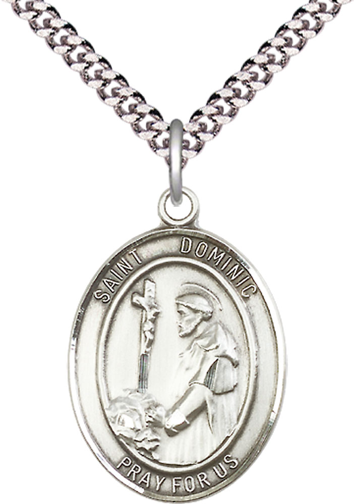 Sterling Silver Saint Dominic de Guzman Pendant on a 24 inch Light Rhodium Heavy Curb chain