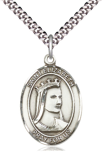 Sterling Silver Saint Elizabeth of Hungary Pendant on a 24 inch Light Rhodium Heavy Curb chain