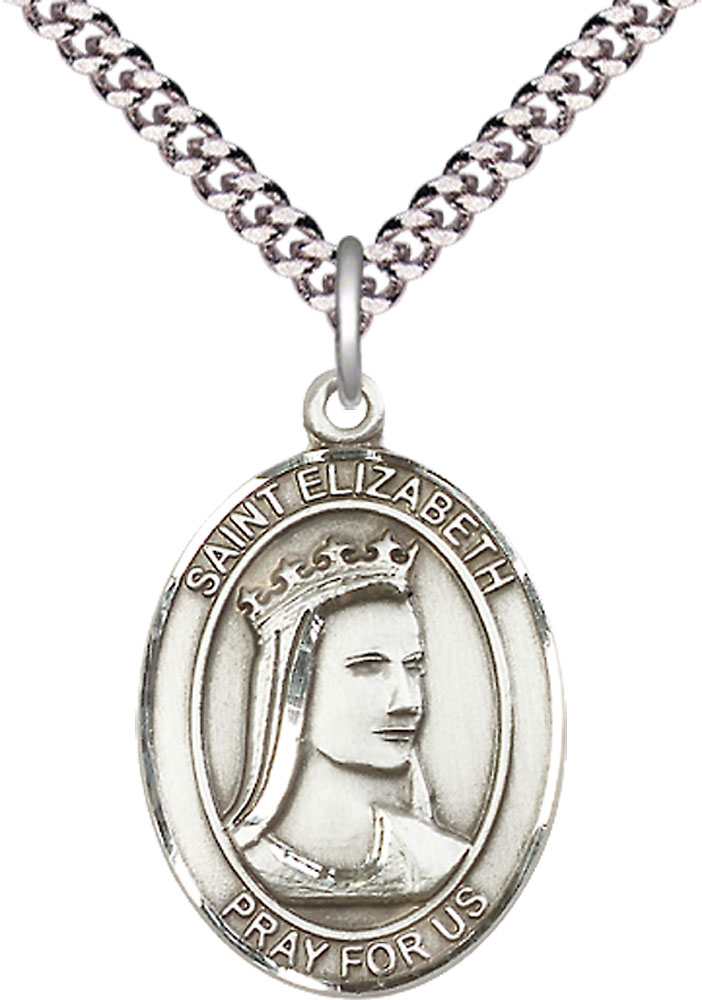 Sterling Silver Saint Elizabeth of Hungary Pendant on a 24 inch Light Rhodium Heavy Curb chain