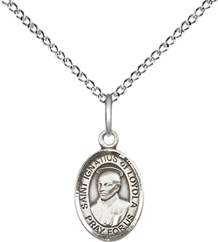 Sterling Silver Saint Ignatius of Loyola Pendant on a 18 inch Sterling Silver Light Curb chain