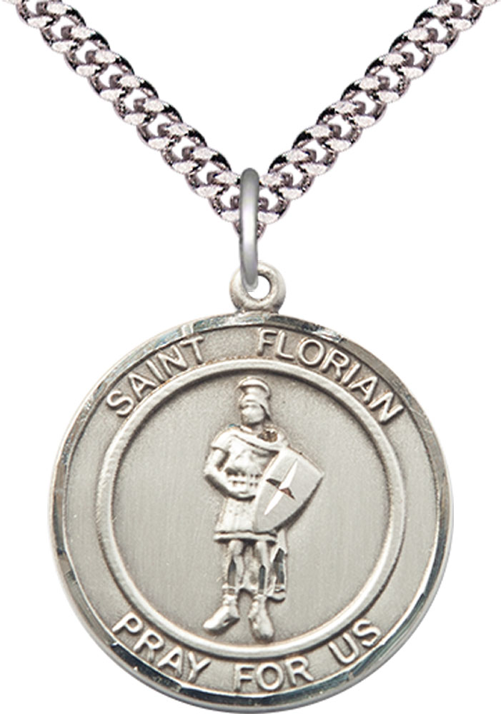 Sterling Silver Saint Florian Pendant on a 24 inch Light Rhodium Heavy Curb chain