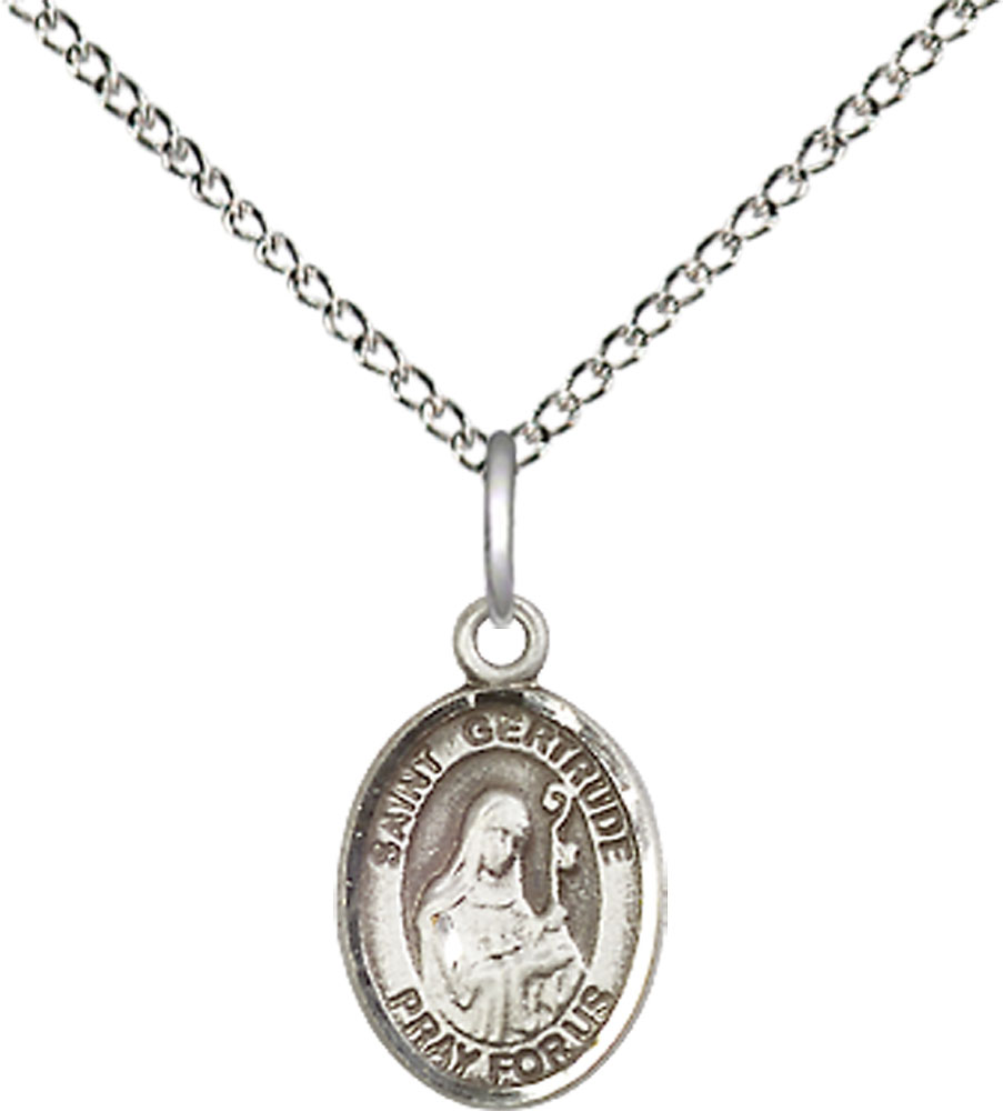 Sterling Silver Saint Gertrude of Nivelles Pendant on a 18 inch Sterling Silver Light Curb chain