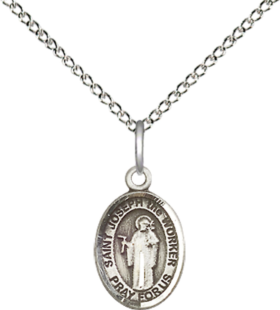 Sterling Silver Saint Joseph the Worker Pendant on a 18 inch Sterling Silver Light Curb chain