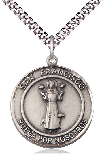 Sterling Silver San Francis of Assisi Pendant on a 24 inch Light Rhodium Heavy Curb chain