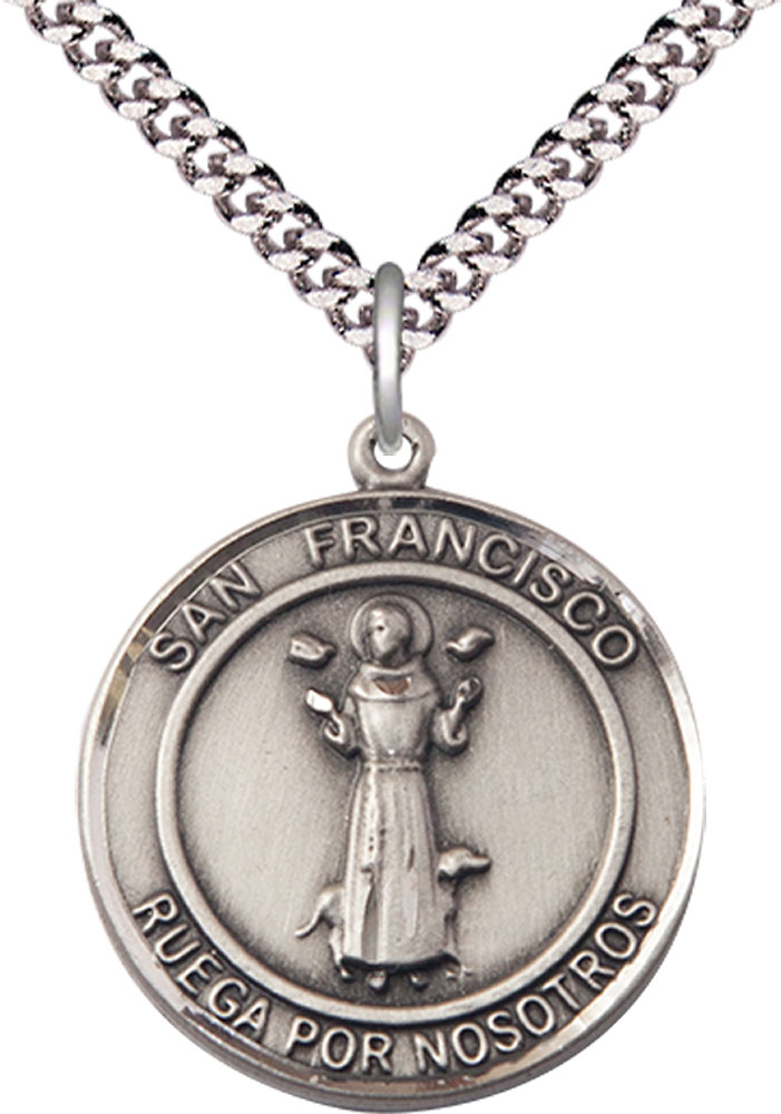 Sterling Silver San Francis of Assisi Pendant on a 24 inch Light Rhodium Heavy Curb chain
