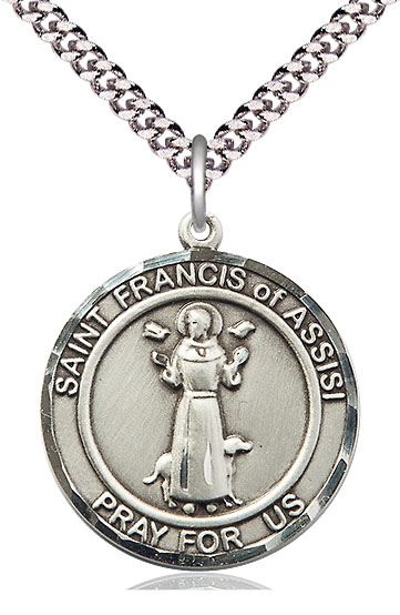 Sterling Silver Saint Francis of Assisi Pendant on a 24 inch Light Rhodium Heavy Curb chain