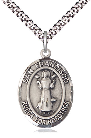 Sterling Silver San Francis Pendant on a 24 inch Light Rhodium Heavy Curb chain
