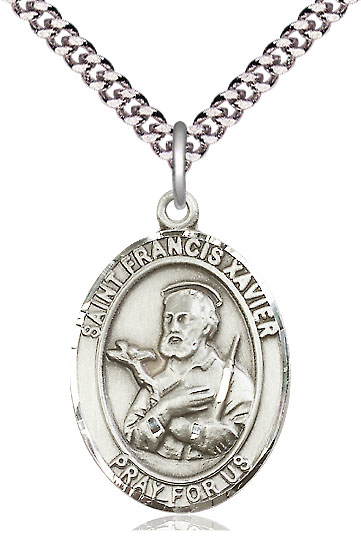 Sterling Silver Saint Francis Xavier Pendant on a 24 inch Light Rhodium Heavy Curb chain