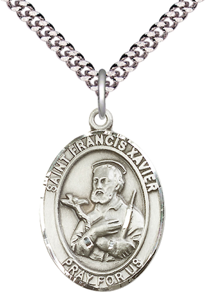 Sterling Silver Saint Francis Xavier Pendant on a 24 inch Light Rhodium Heavy Curb chain