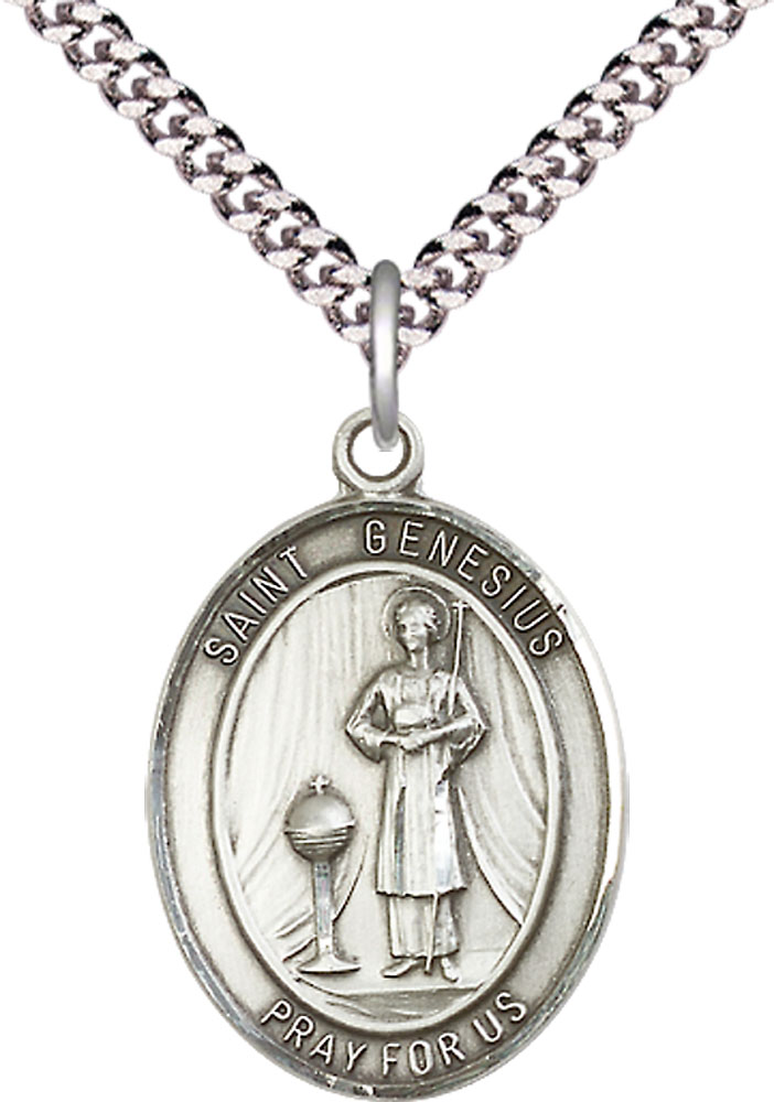 Sterling Silver Saint Genesius of Rome Pendant on a 24 inch Light Rhodium Heavy Curb chain