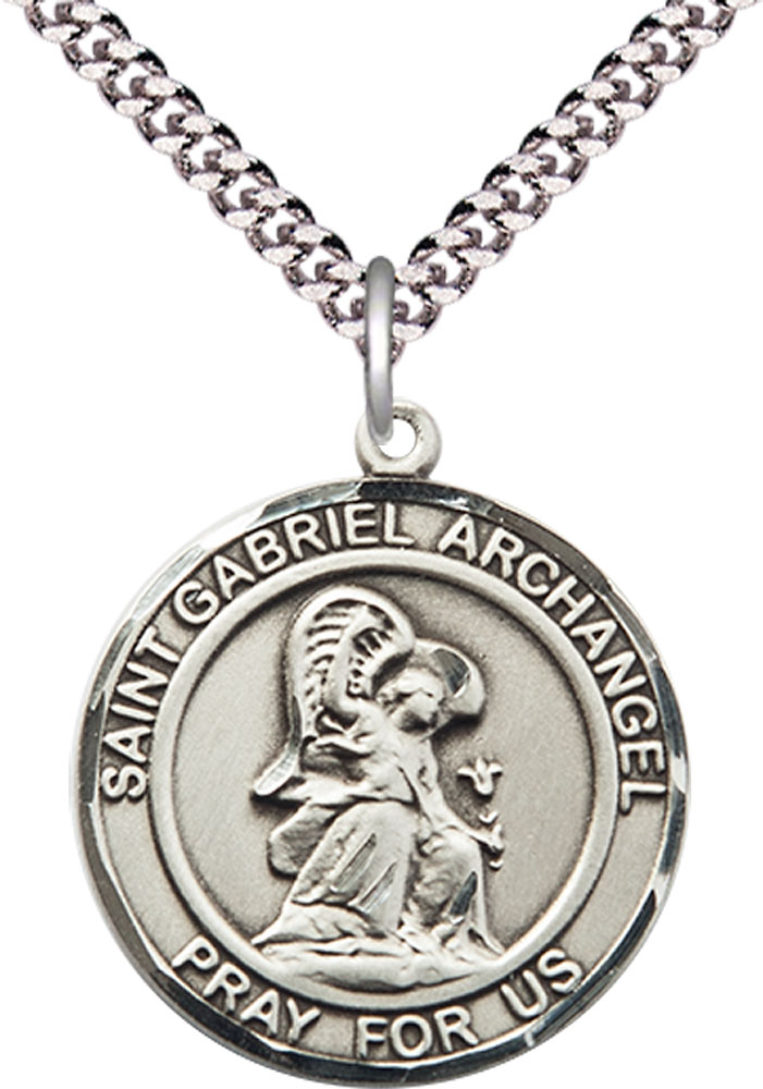 Sterling Silver Saint Gabriel the Archangel Pendant on a 24 inch Light Rhodium Heavy Curb chain