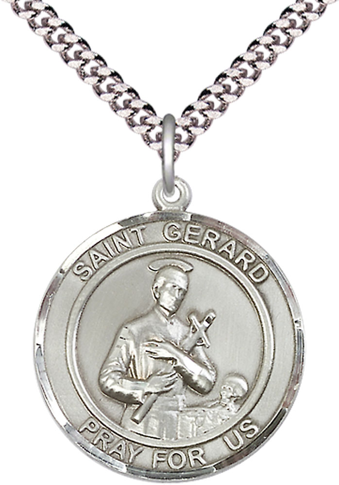 Sterling Silver Saint Gerard Pendant on a 24 inch Light Rhodium Heavy Curb chain