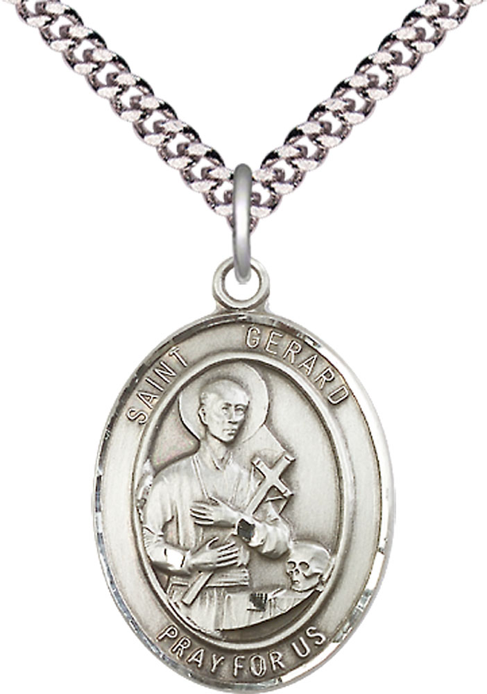 Sterling Silver Saint Gerard Majella Pendant on a 24 inch Light Rhodium Heavy Curb chain