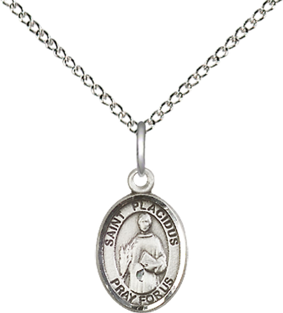 Sterling Silver Saint Placidus Pendant on a 18 inch Sterling Silver Light Curb chain